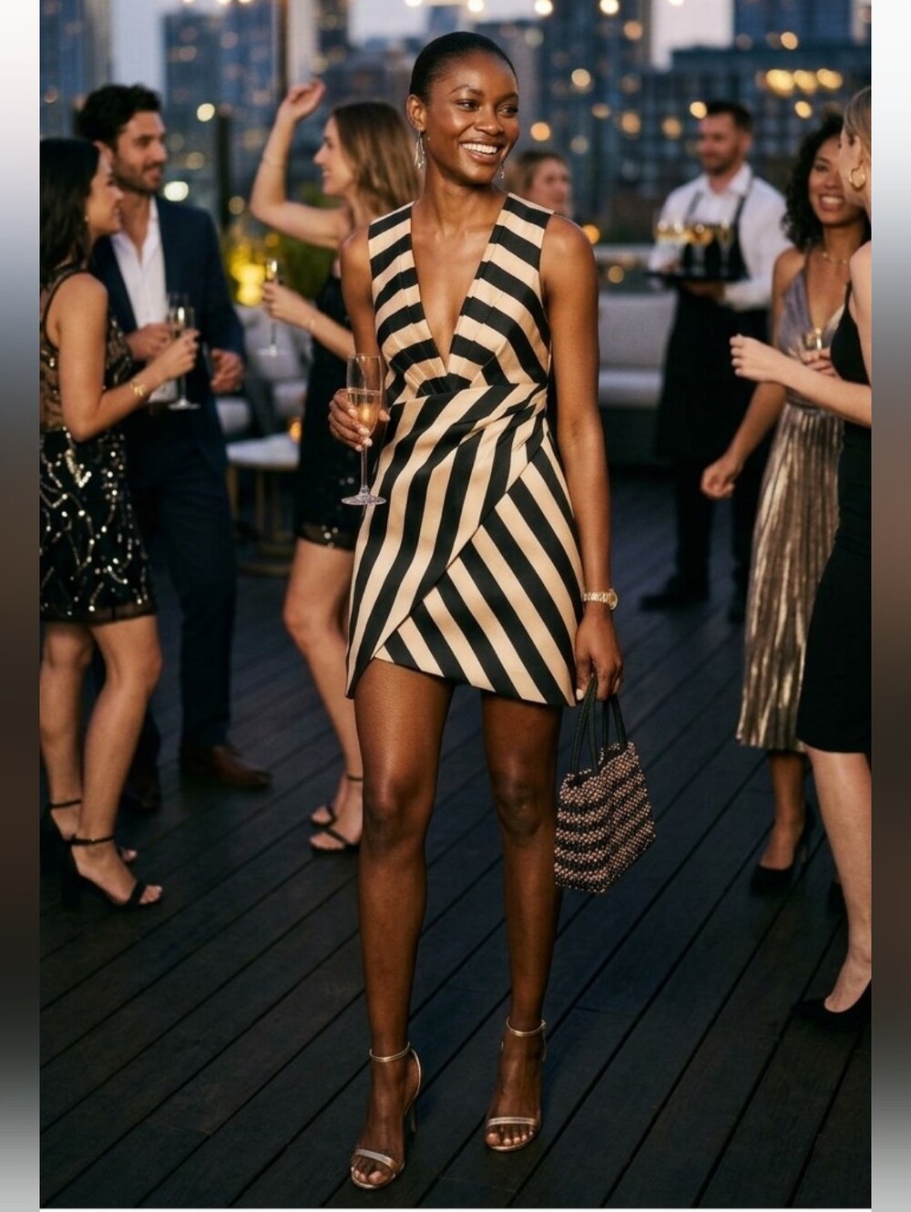 Topshop Striped V-Neck Wrap Mini Dress in Black and Cream